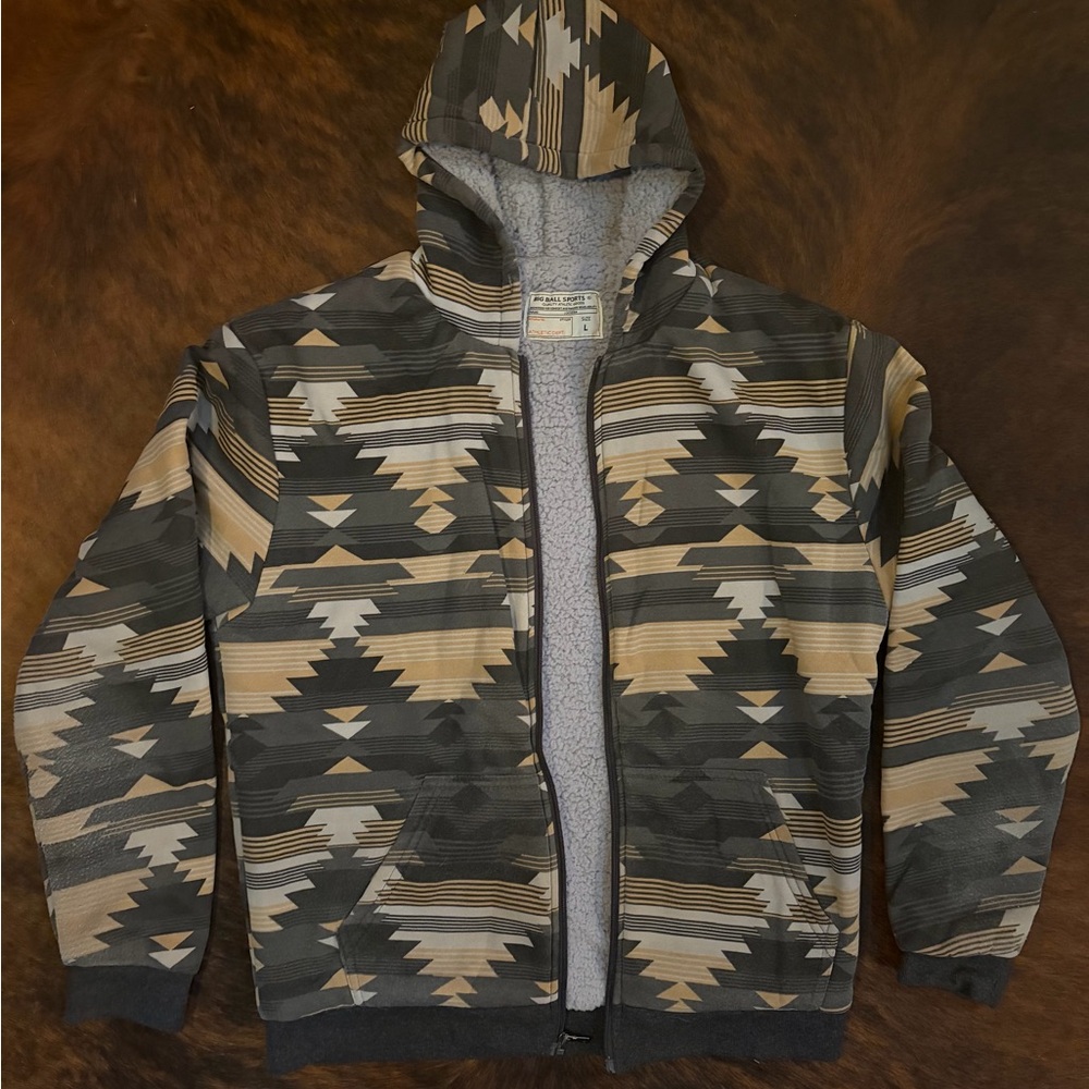 Men's Hooded Sherpa Puffer Jacket in Multi-Tone Geo Print